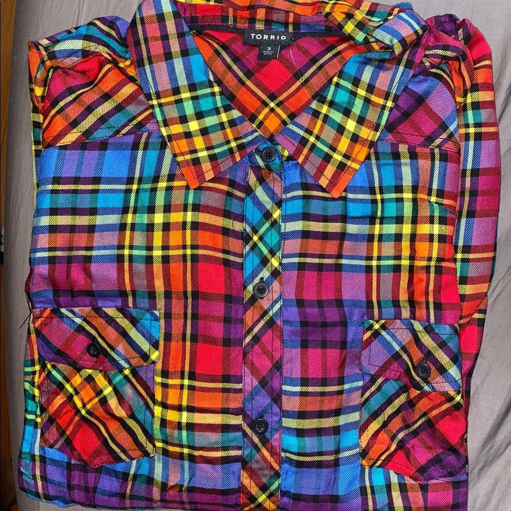 TORRID RAINBOW PLAID TWILL BUTTON SHIRT